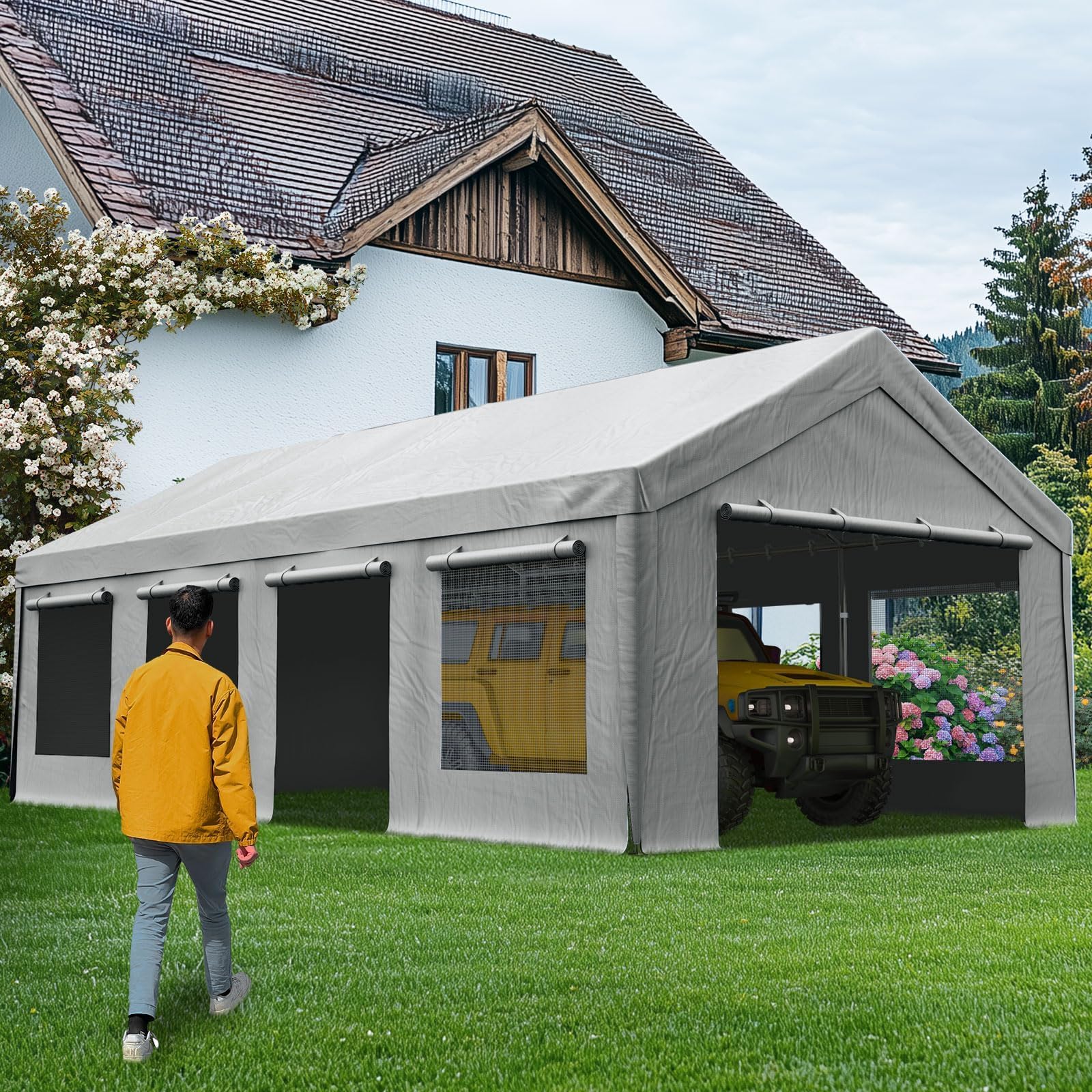 Quictent 13'x25' Snowproof Steel Carport with Zipper Doors - Gray