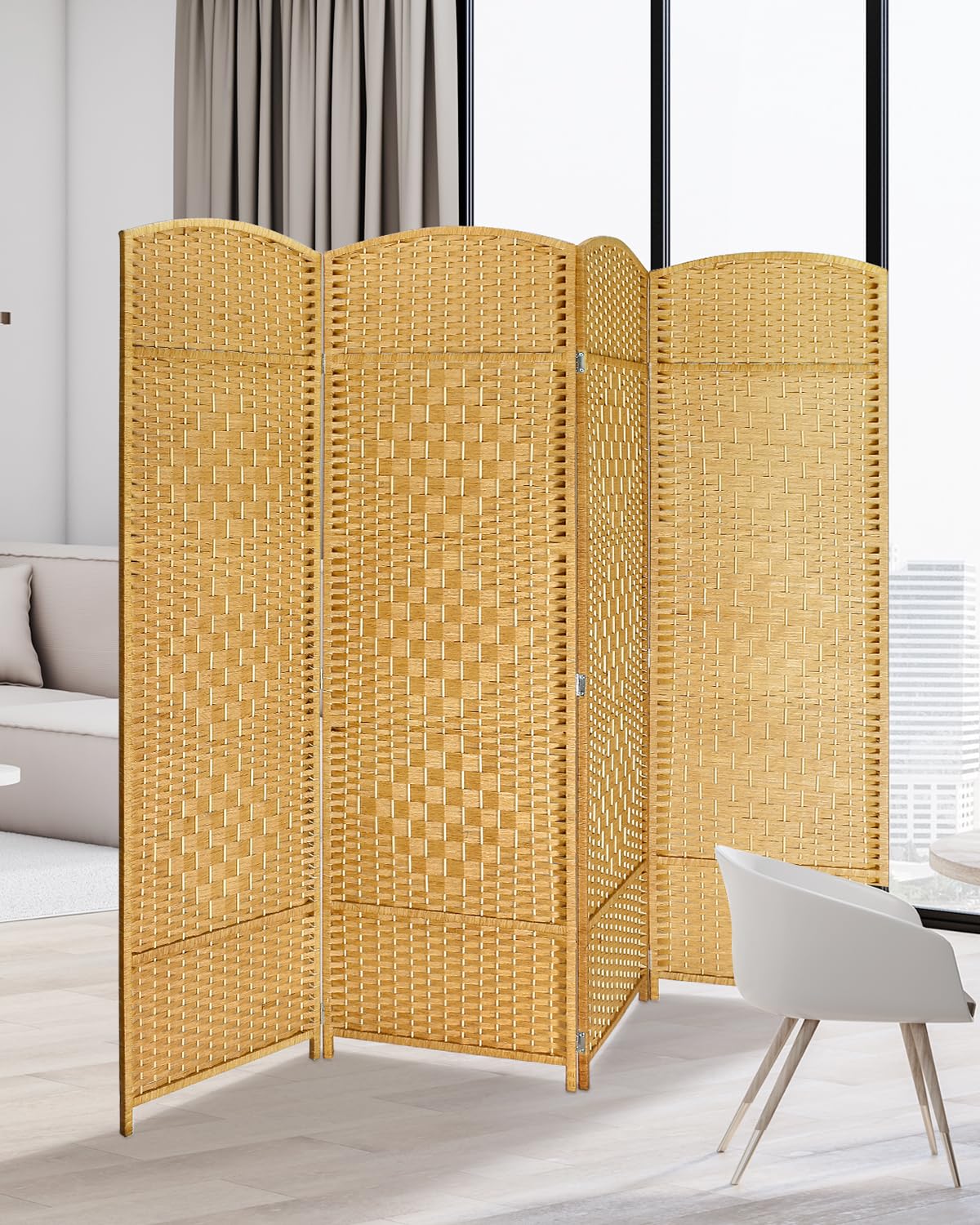 4-panel yellow room divider displayed in a modern living room setting, positioned behind a gray sofa to create a stylish and functional private space.