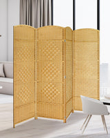 4-panel yellow room divider displayed in a modern living room setting, positioned behind a gray sofa to create a stylish and functional private space.