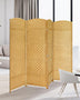4-panel yellow room divider displayed in a modern living room setting, positioned behind a gray sofa to create a stylish and functional private space.
