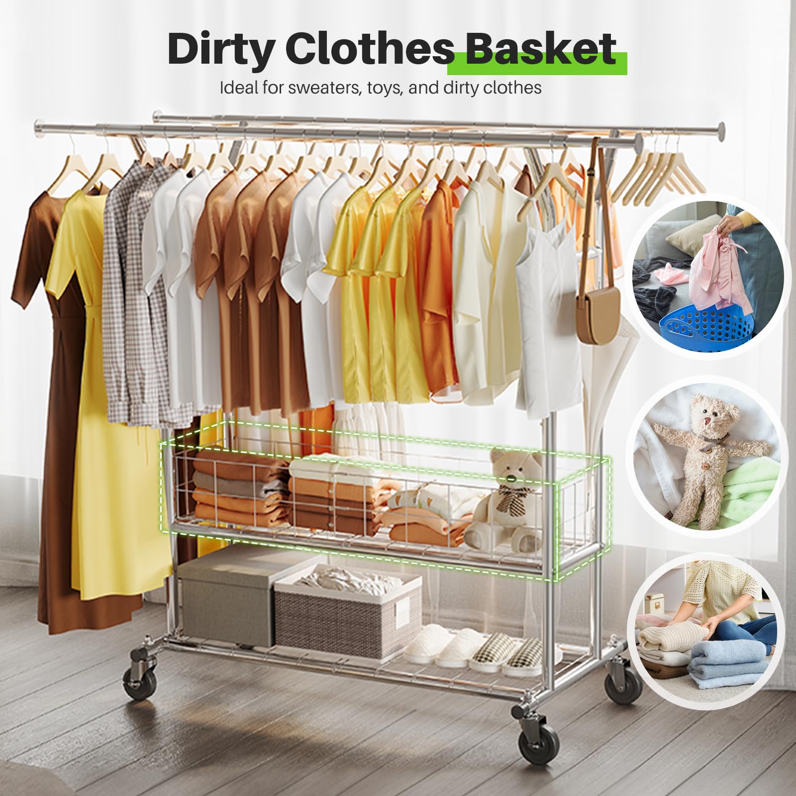 HOKEEPER Adjustable Rolling Garment Rack - Double Rod with Basket