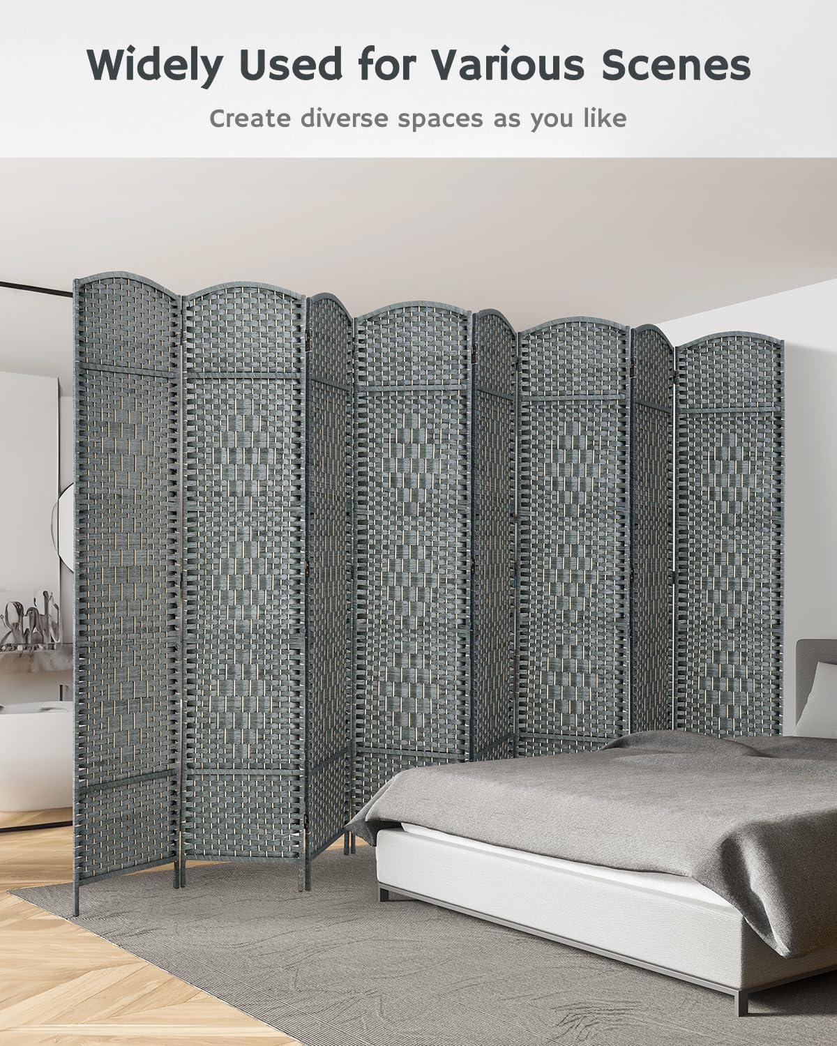 Grey bamboo 8-panel divider behind a white sofa in a bright living room, creating versatile space separation with a contemporary, natural design.