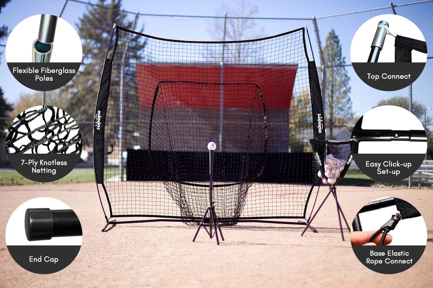 Zupapa 7'x7' Baseball Softball Net Tee Caddy Practice Combo - Black