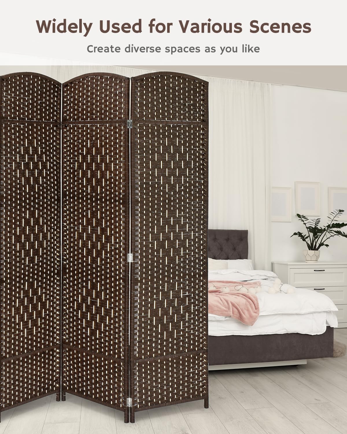 Brown 4-panel room divider in a bedroom setting, accompanied by the text 'Widely Used for Various Scenes,' highlighting its versatility for creating diverse spaces.