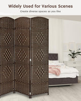 Brown 4-panel room divider in a bedroom setting, accompanied by the text 'Widely Used for Various Scenes,' highlighting its versatility for creating diverse spaces.