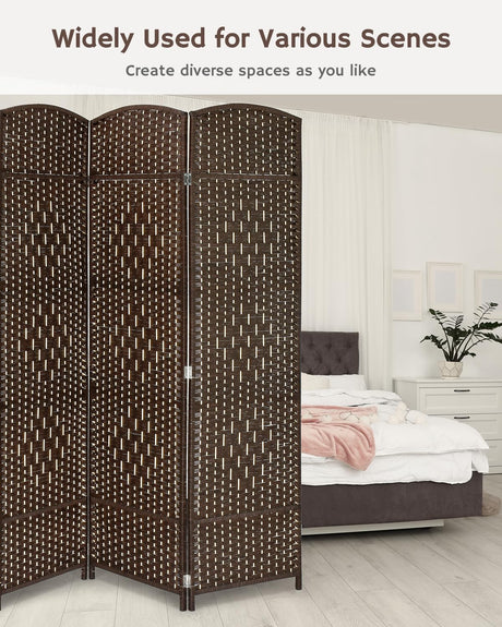 Brown 4-panel room divider in a bedroom setting, accompanied by the text 'Widely Used for Various Scenes,' highlighting its versatility for creating diverse spaces.