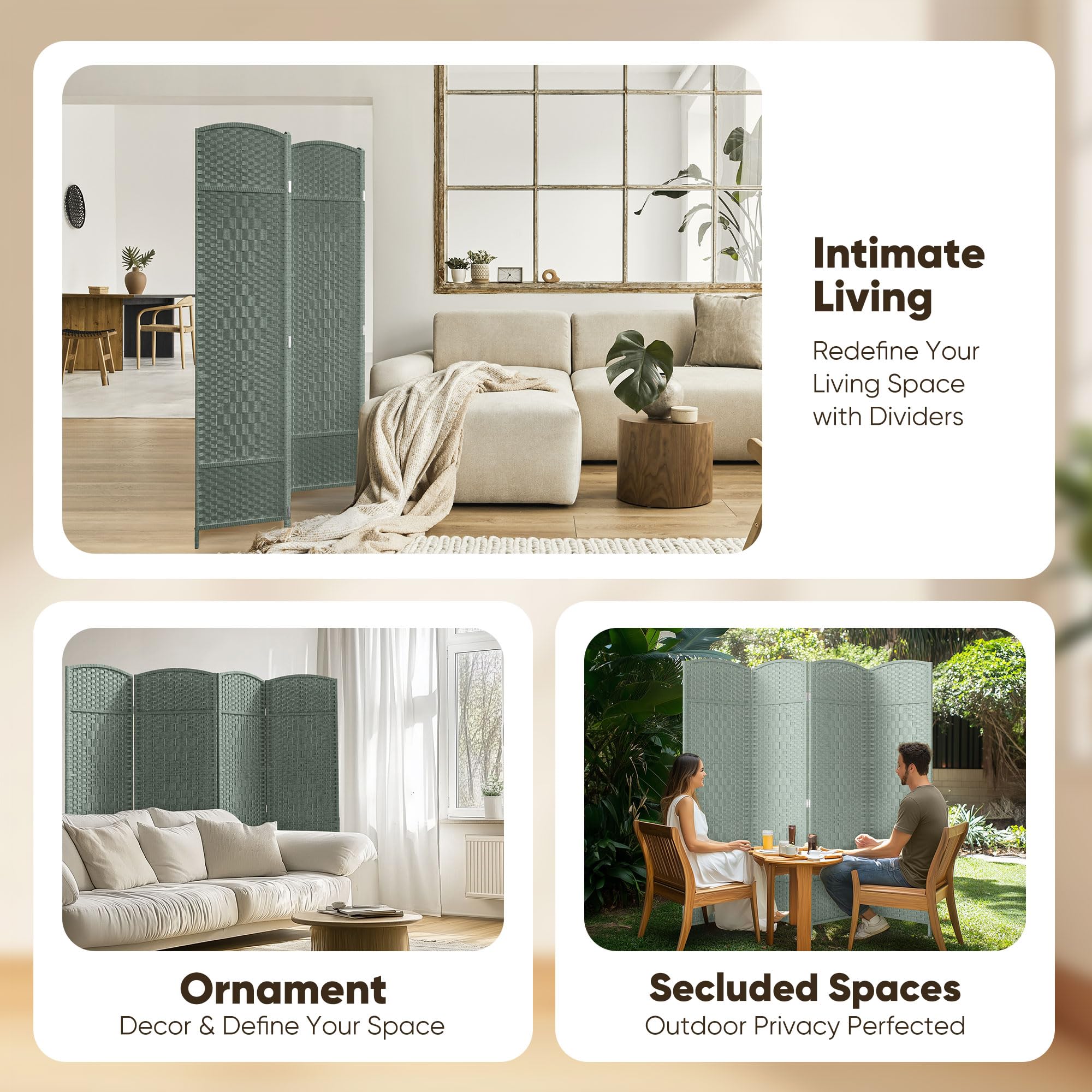 JOSTYLE 6ft Rattan Room Divider - Grey (4-Panel)