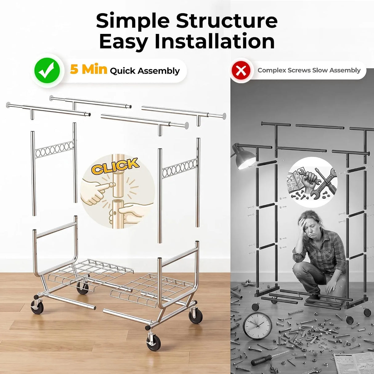 Heavy Double Rod Clothes Rack with Metal Shelves