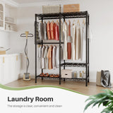 Fully organized closet with modular racks, offering storage for a variety of clothing and accessories, suitable for bedrooms or laundry rooms.