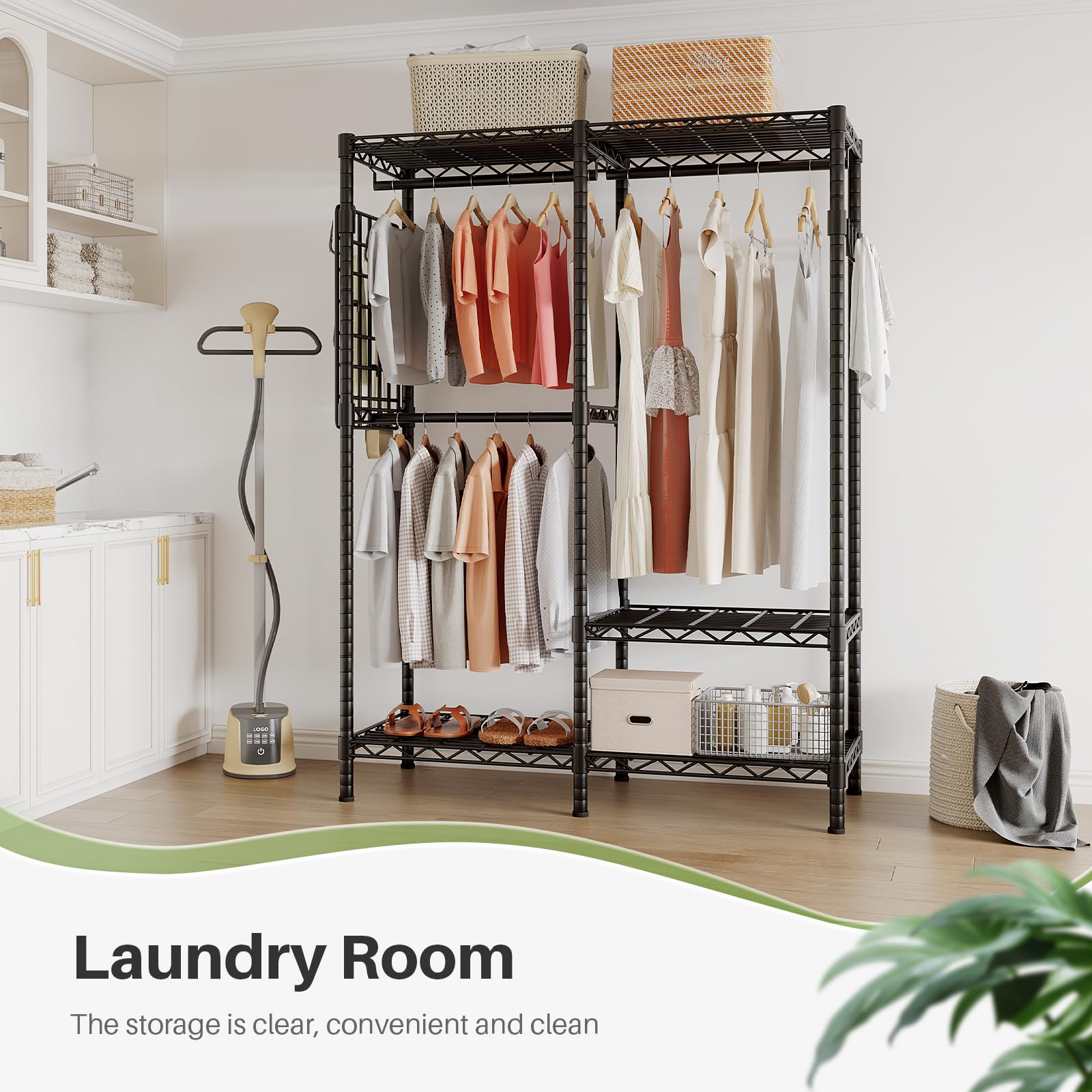 Fully organized closet with modular racks, offering storage for a variety of clothing and accessories, suitable for bedrooms or laundry rooms.