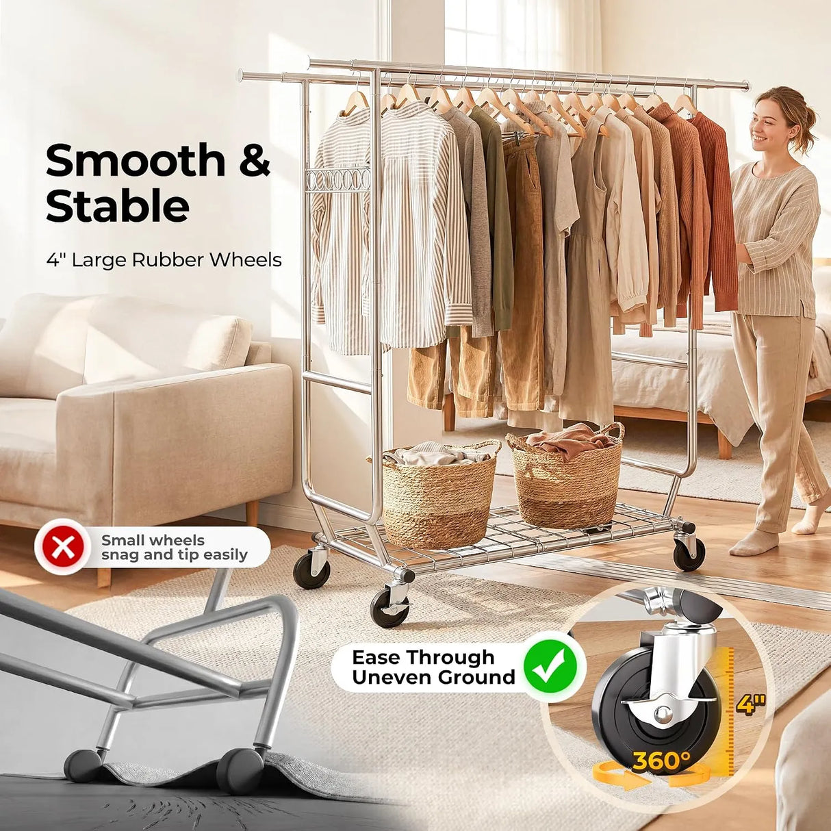 Heavy Double Rod Clothes Rack with Metal Shelves