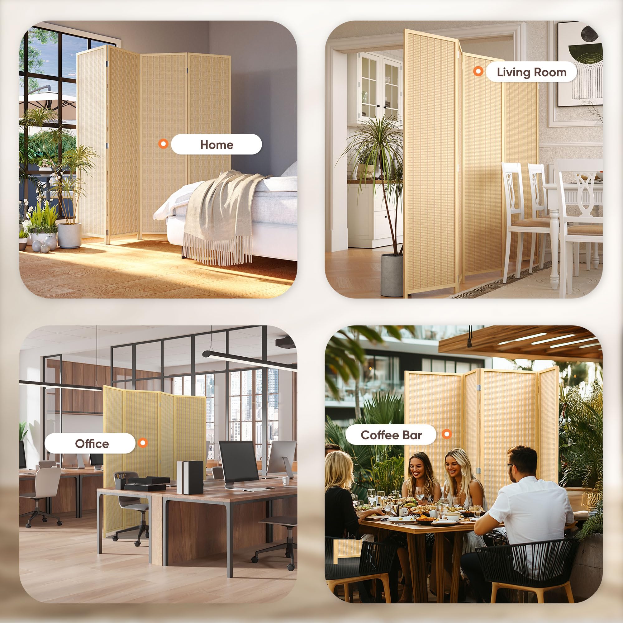 JOSTYLE 6ft Bamboo Room Divider - Beige (4-Panel)