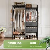 Organized closet with 1200 lbs capacity, showcasing a multi-functional rack for clothes, shoes, and bags, suitable for large wardrobes.