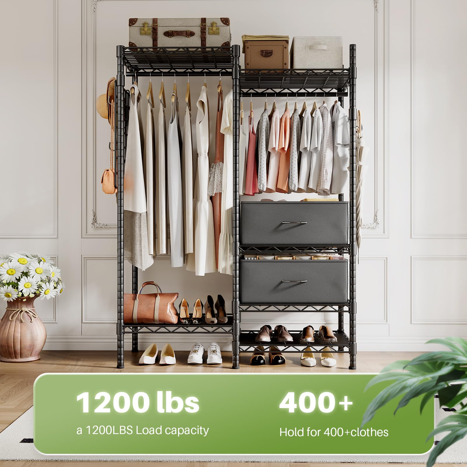 Organized closet with 1200 lbs capacity, showcasing a multi-functional rack for clothes, shoes, and bags, suitable for large wardrobes.