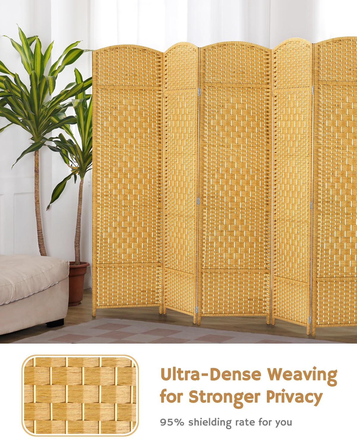 Yellow 4-panel room divider positioned in a living room with ultra-dense weaving, offering 95% privacy, as noted by the text 'Ultra-Dense Weaving for Stronger Privacy.'