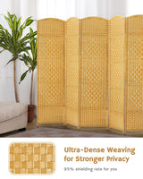 Yellow 4-panel room divider positioned in a living room with ultra-dense weaving, offering 95% privacy, as noted by the text 'Ultra-Dense Weaving for Stronger Privacy.'