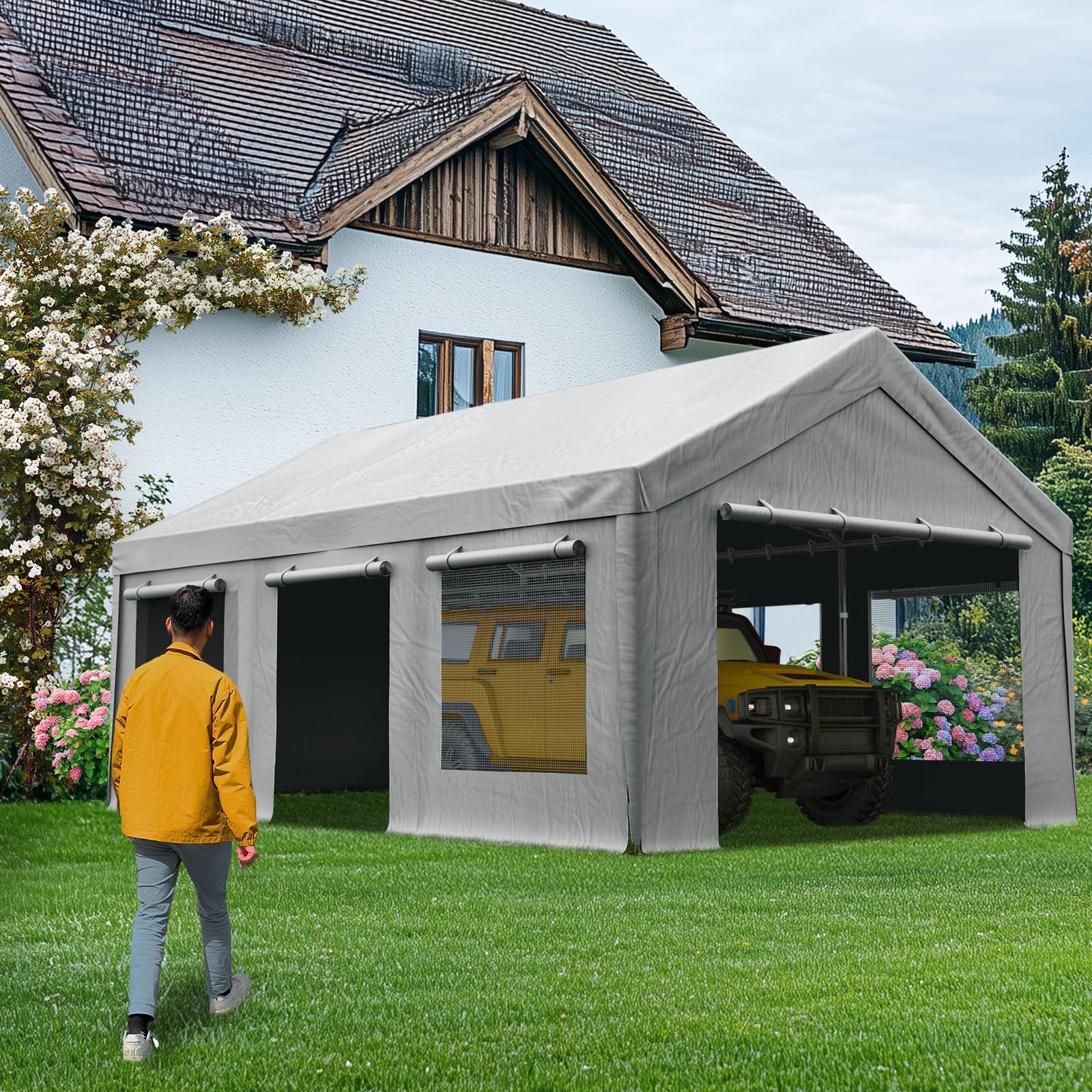 Quictent 12'x20' Snowproof Steel Carport with Zipper Doors - Gray