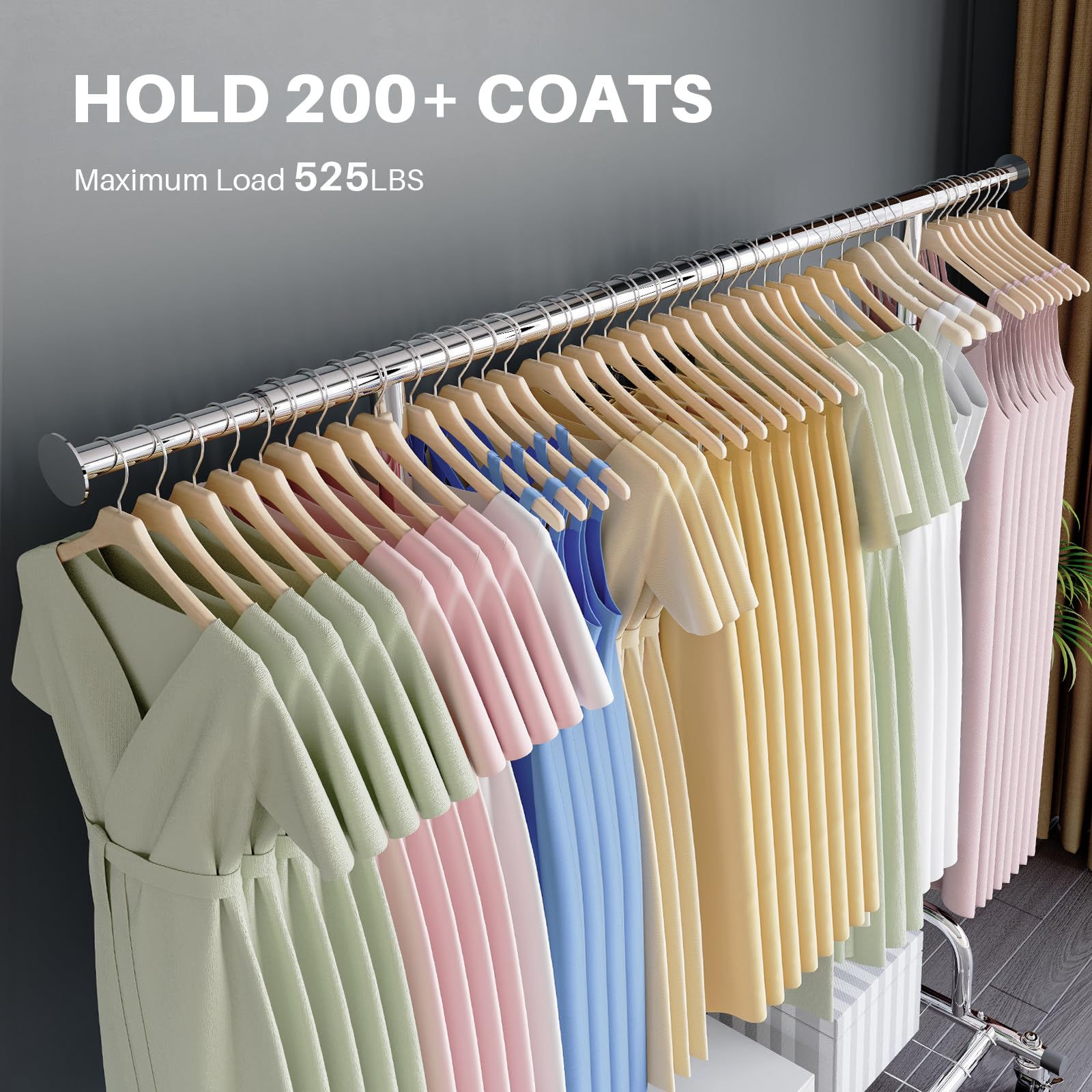 Dual hanging rods holding over 200 coats, emphasizing the rack's 525lbs maximum load capacity for organizing heavy garments.