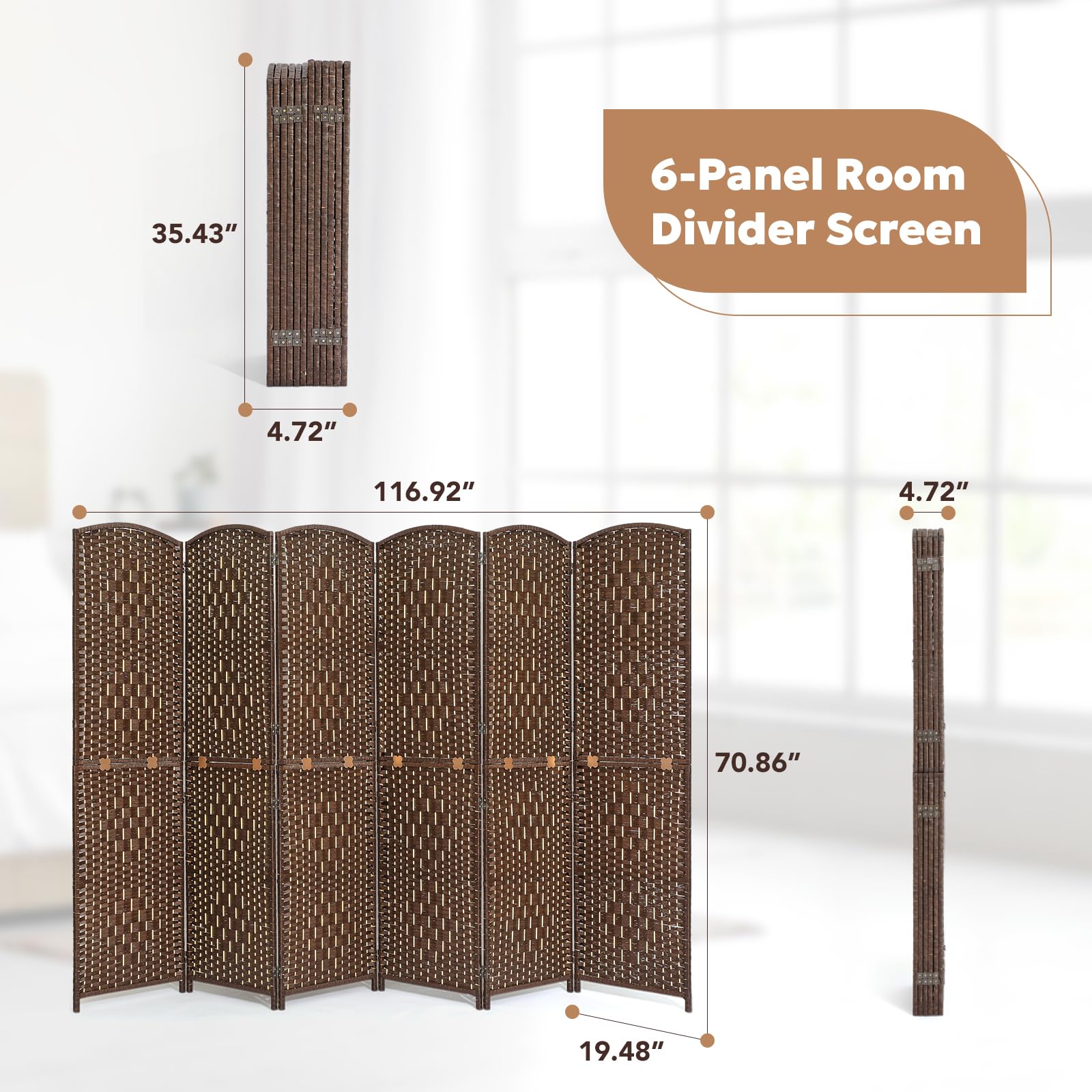 Detailed measurements of the 6-panel room divider, showing height, width, and depth, along with its compact folded form, displayed in a cozy bedroom setting.