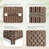 Features of the room divider including metal connectors, rotatable stainless steel hinges, solid wood frame, and hand-crafted woven panels for durable and stylish privacy solutions.