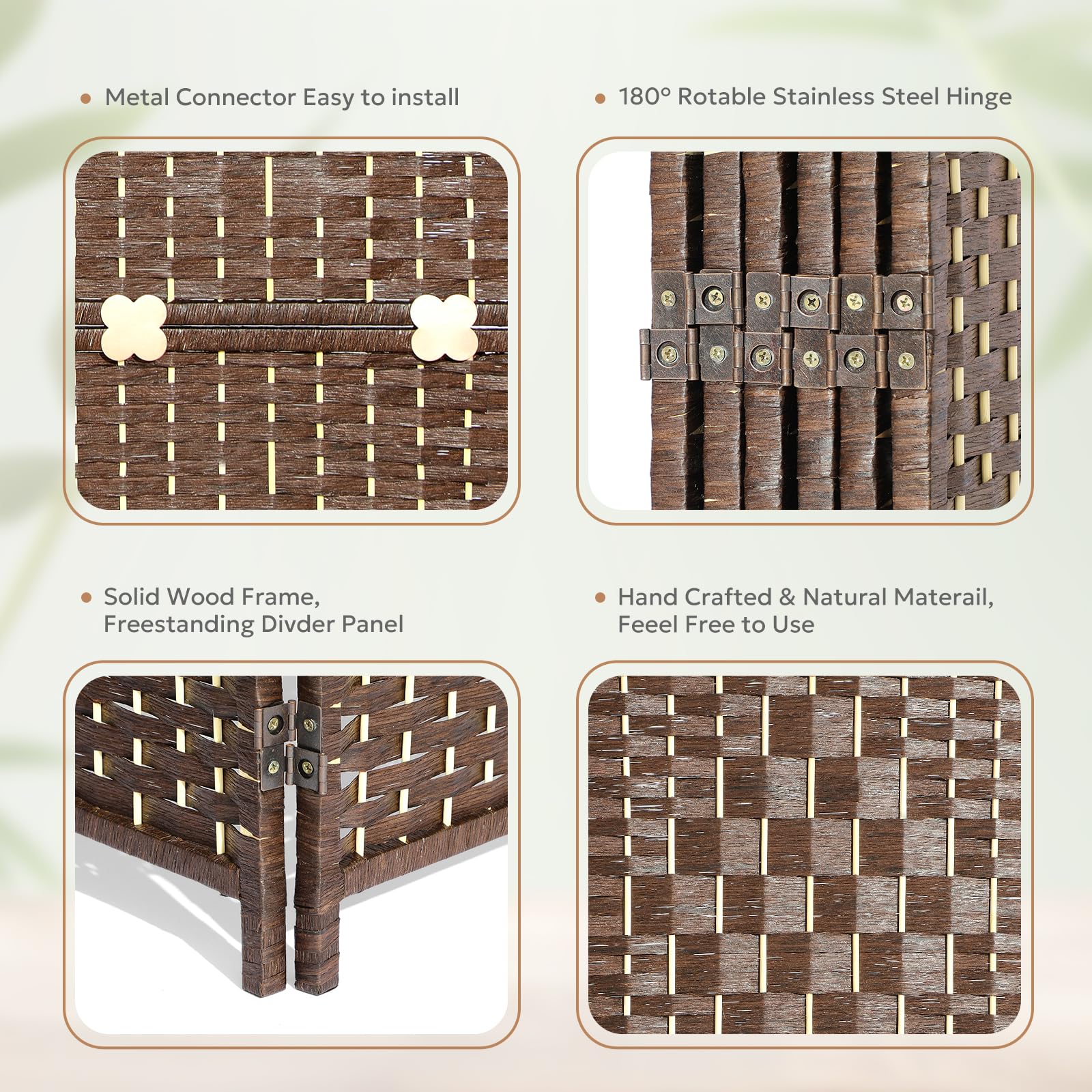 Features of the room divider including metal connectors, rotatable stainless steel hinges, solid wood frame, and hand-crafted woven panels for durable and stylish privacy solutions.
