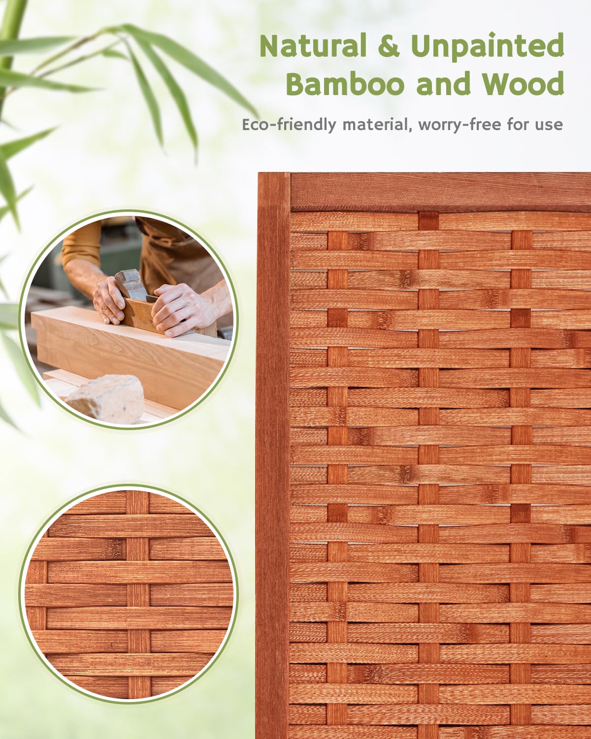 Close-up of the saddle brown bamboo weaving texture, with insets highlighting the natural and unpainted craftsmanship, eco-friendly and worry-free for use.