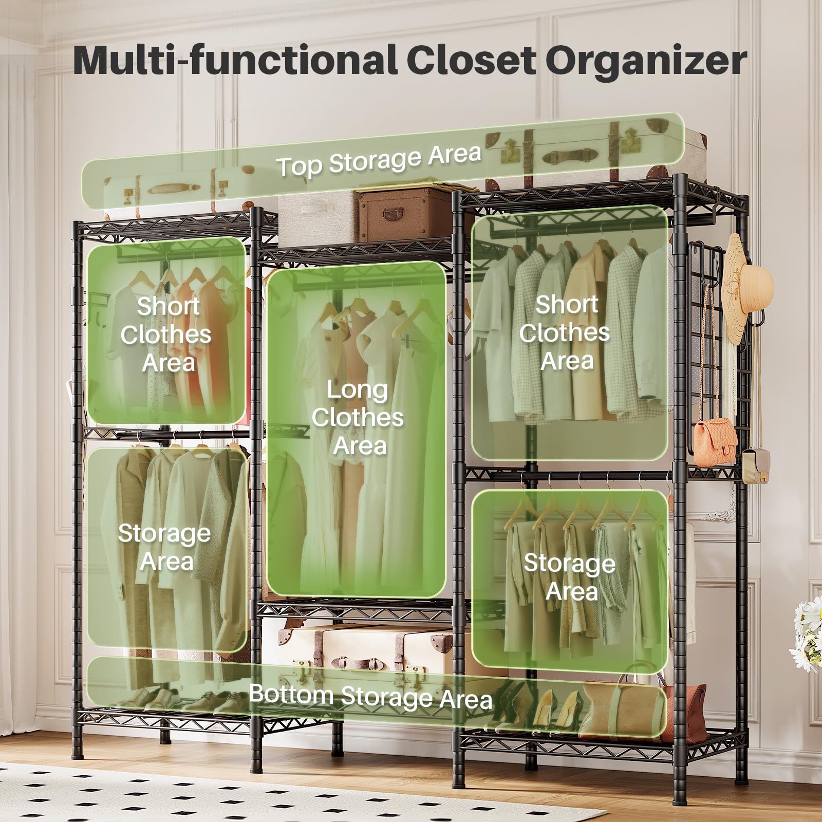 Closet Clothes Rack with Mesh Board & Hooks
