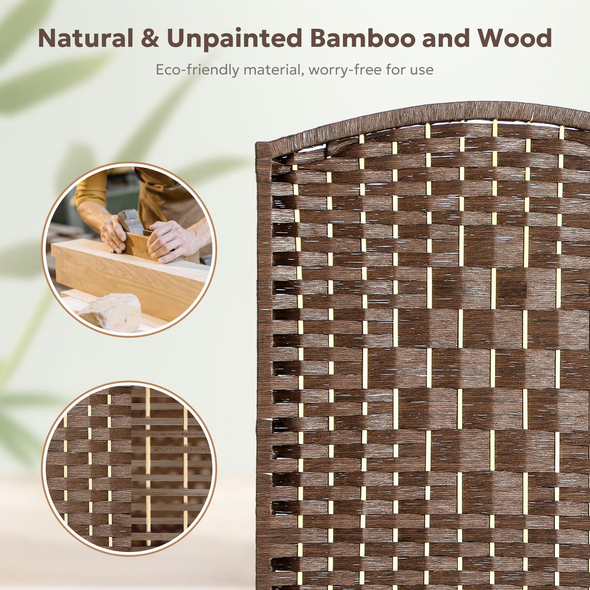 Brown 6-panel room divider in a bright living room, accompanied by the text 'To Provide You with a Private Space,' ideal for creating separate areas in open spaces.