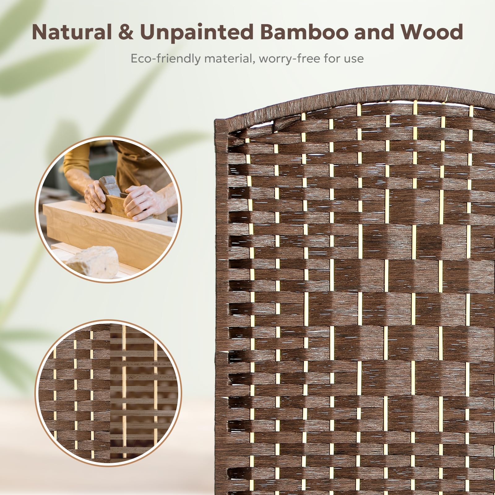 Brown 6-panel room divider in a bright living room, accompanied by the text 'To Provide You with a Private Space,' ideal for creating separate areas in open spaces.