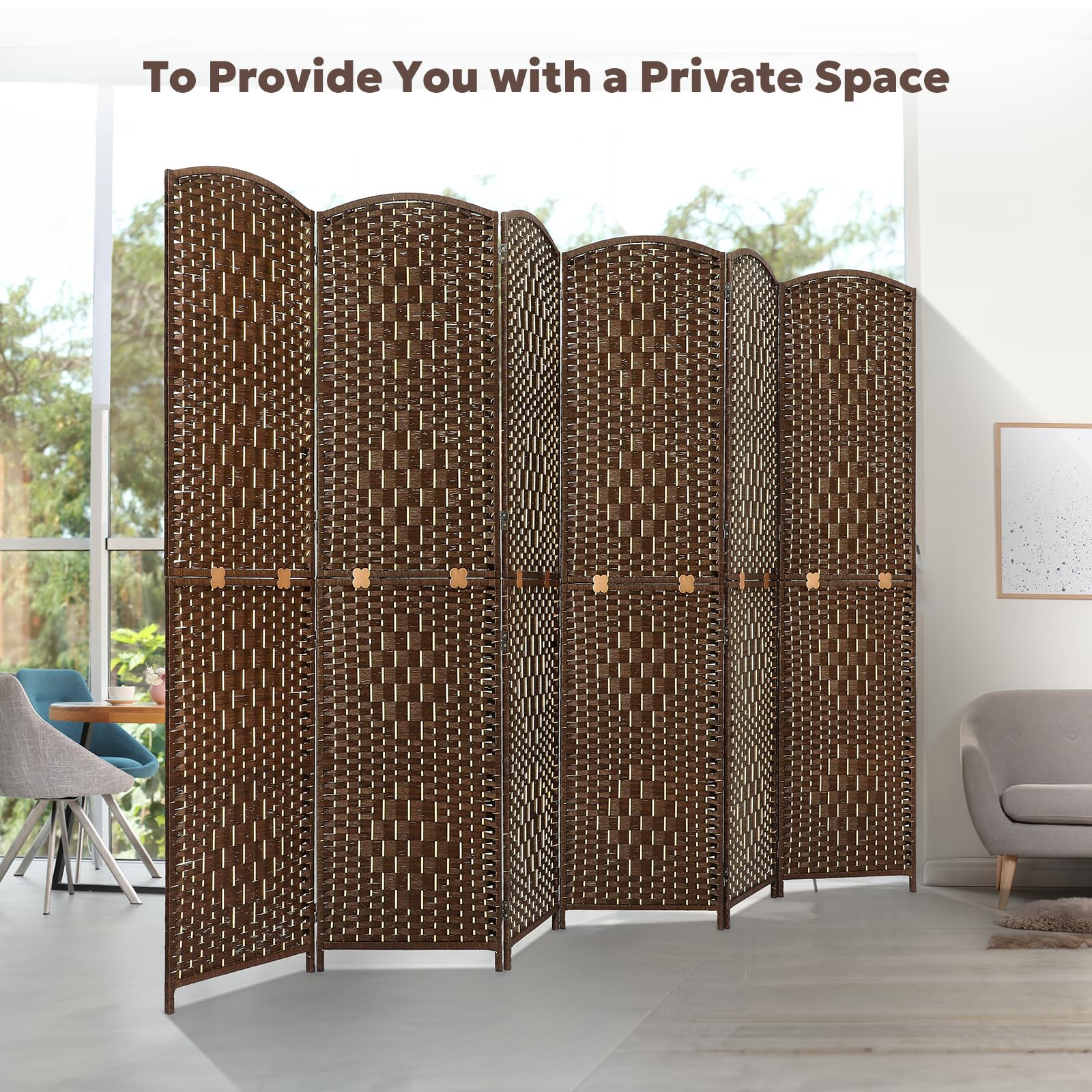 Foldable 6-panel room divider made of eco-friendly bamboo and wood, shown collapsed and compact for easy storage with the text 'It's space-saving and flexible.'
