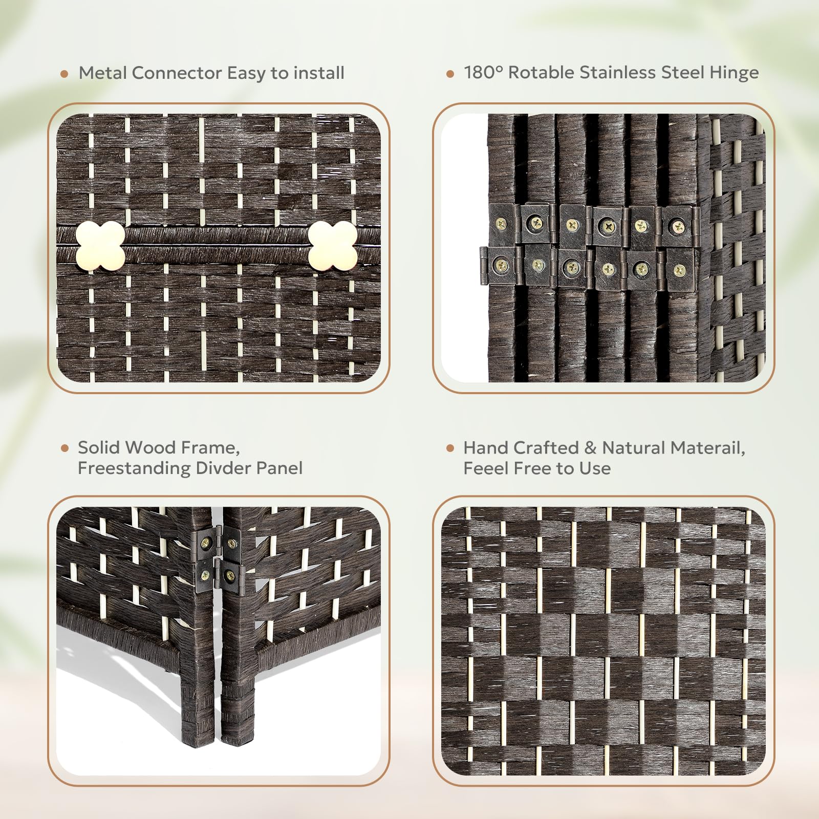 Graphic showing the espresso room divider's foldable design with open, half-open, and closed positions, emphasizing its easy-to-use and space-saving features.