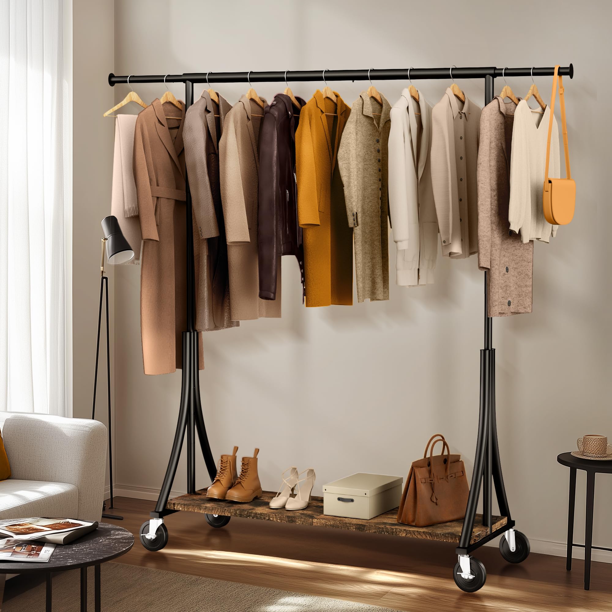 HOKEEPER 500LBS Wooden Garment Rack with Shelves - Black