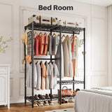 Large fabric drawers with labeled compartments, providing space for organized storage of garments and small items.