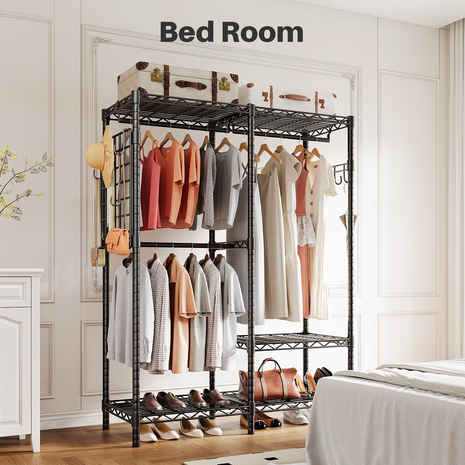 Large fabric drawers with labeled compartments, providing space for organized storage of garments and small items.