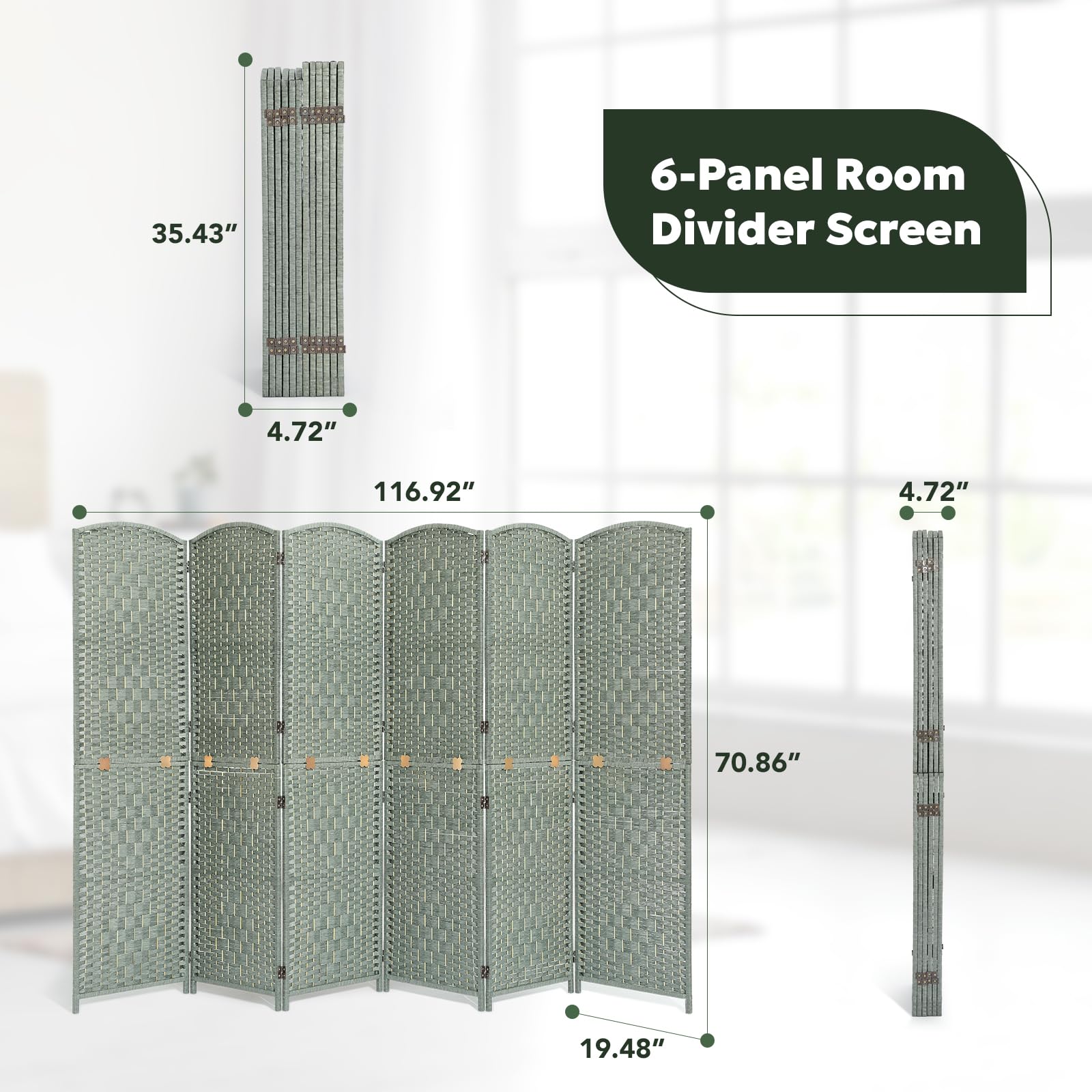 Features of the green room divider including metal connectors, rotatable stainless steel hinges, solid wood frame, and hand-crafted woven panels for durable and stylish privacy solutions.