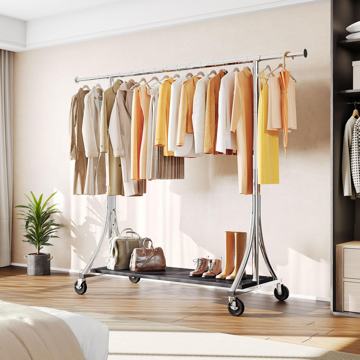 HOKEEPER 500LBS Wooden Garment Rack with Shelves - Silver