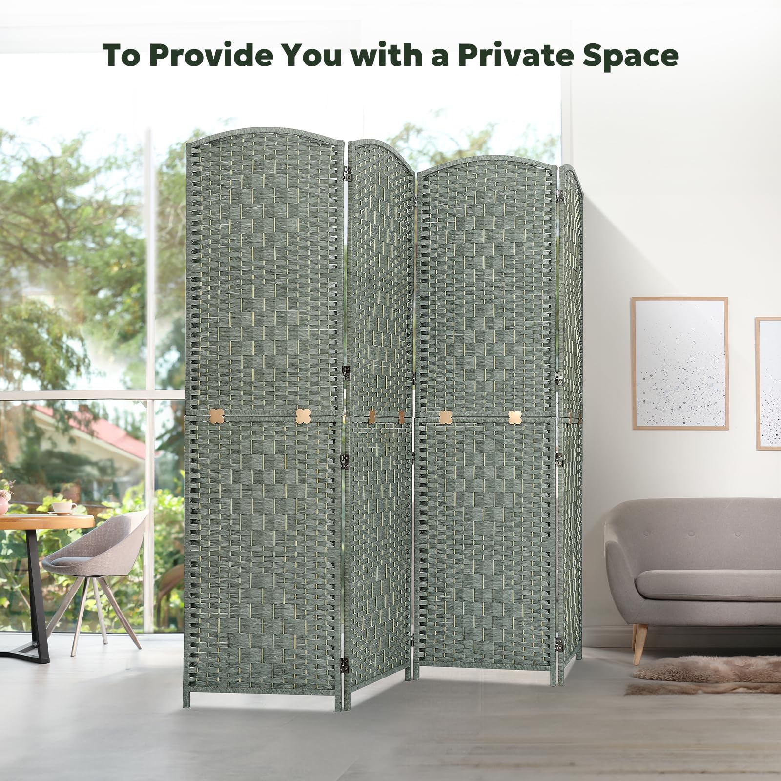 Green 4-panel room divider in a bright living room, accompanied by the text 'To Provide You with a Private Space,' ideal for creating separate areas in open spaces.