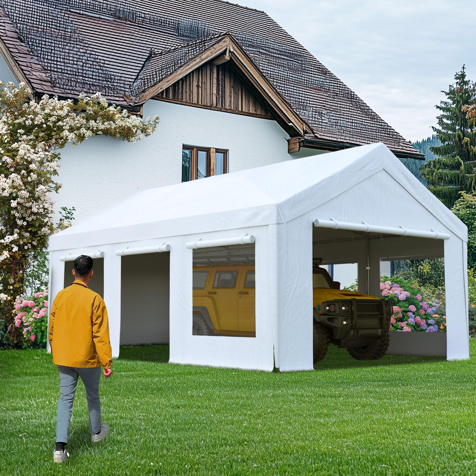 Quictent 12'x20' Snowproof Steel Carport with Zipper Doors - White
