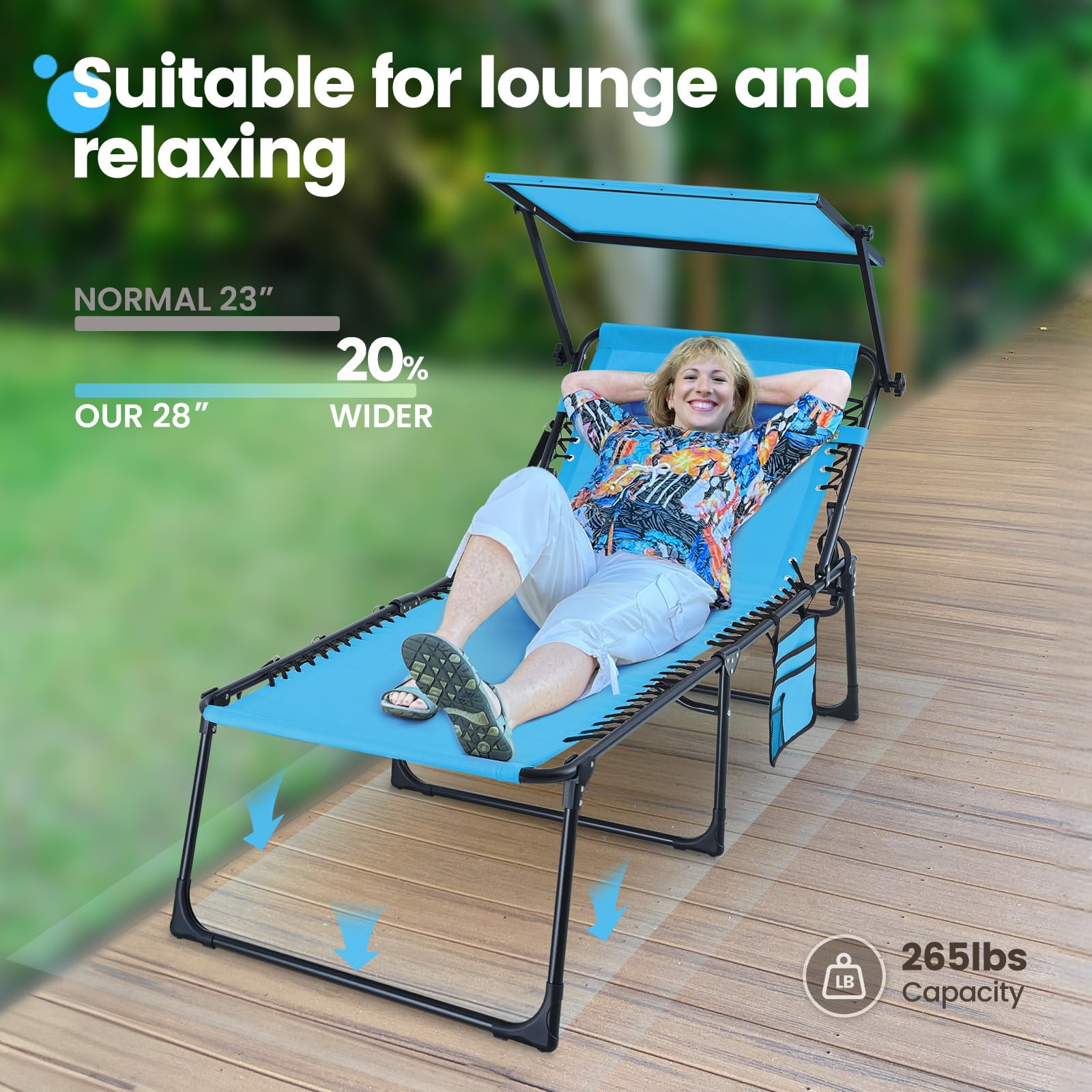 KING BIRD Beach Chaise with Sun Shade (350LBS) - Blue