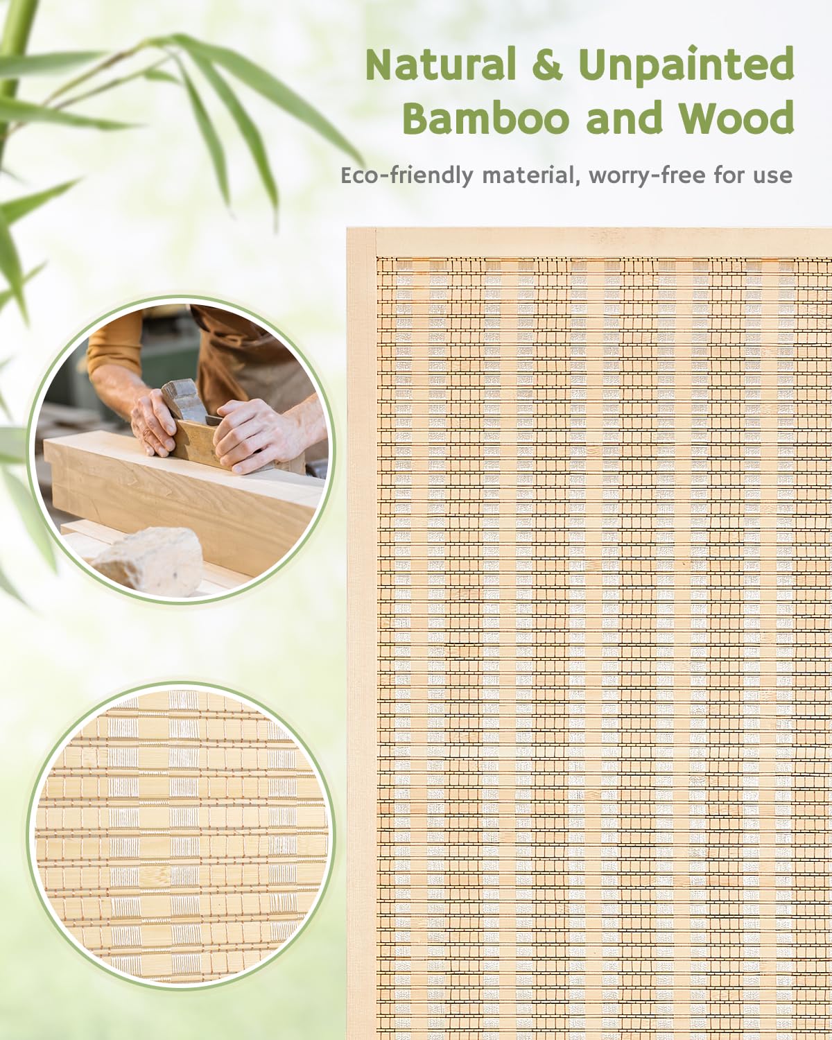 Close-up of the beige bamboo weave, paired with a solid wood frame and stainless steel hinges, emphasizing its natural and sturdy construction.