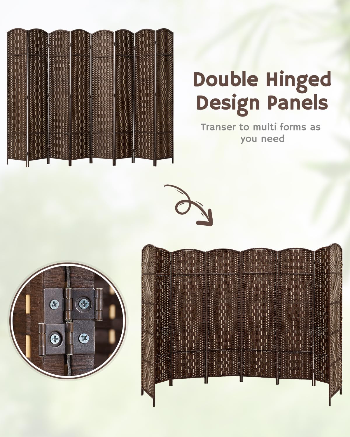 Foldable 8-panel bamboo divider with double-hinged panels for flexible configurations, featuring durable stainless-steel hinges for reliable use.