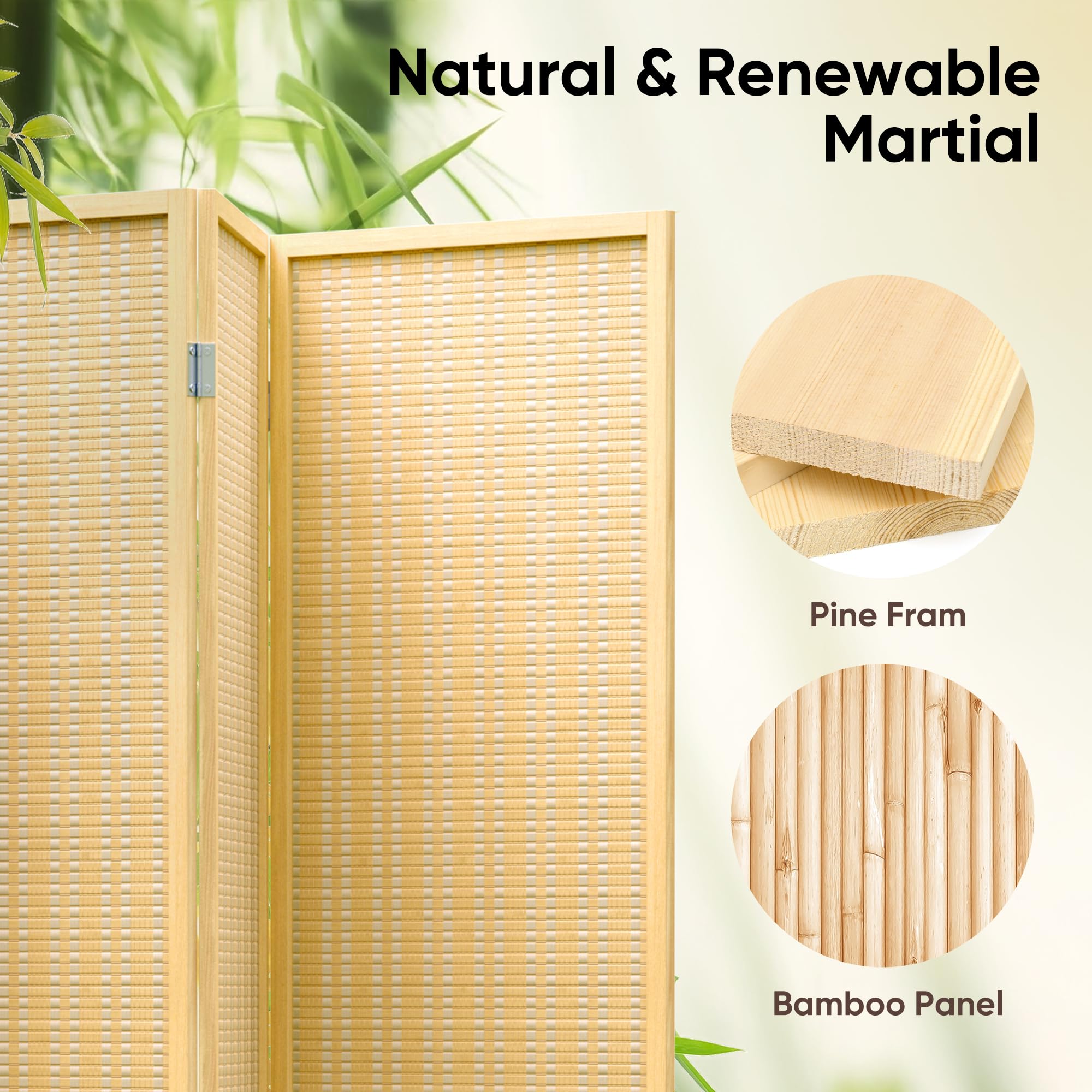 JOSTYLE 6ft Bamboo Room Divider - Beige (4-Panel)