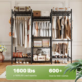 Versatile and multifunctional metal mesh closet rack with adjustable shelves, hooks, and robust support for a variety of storage needs.