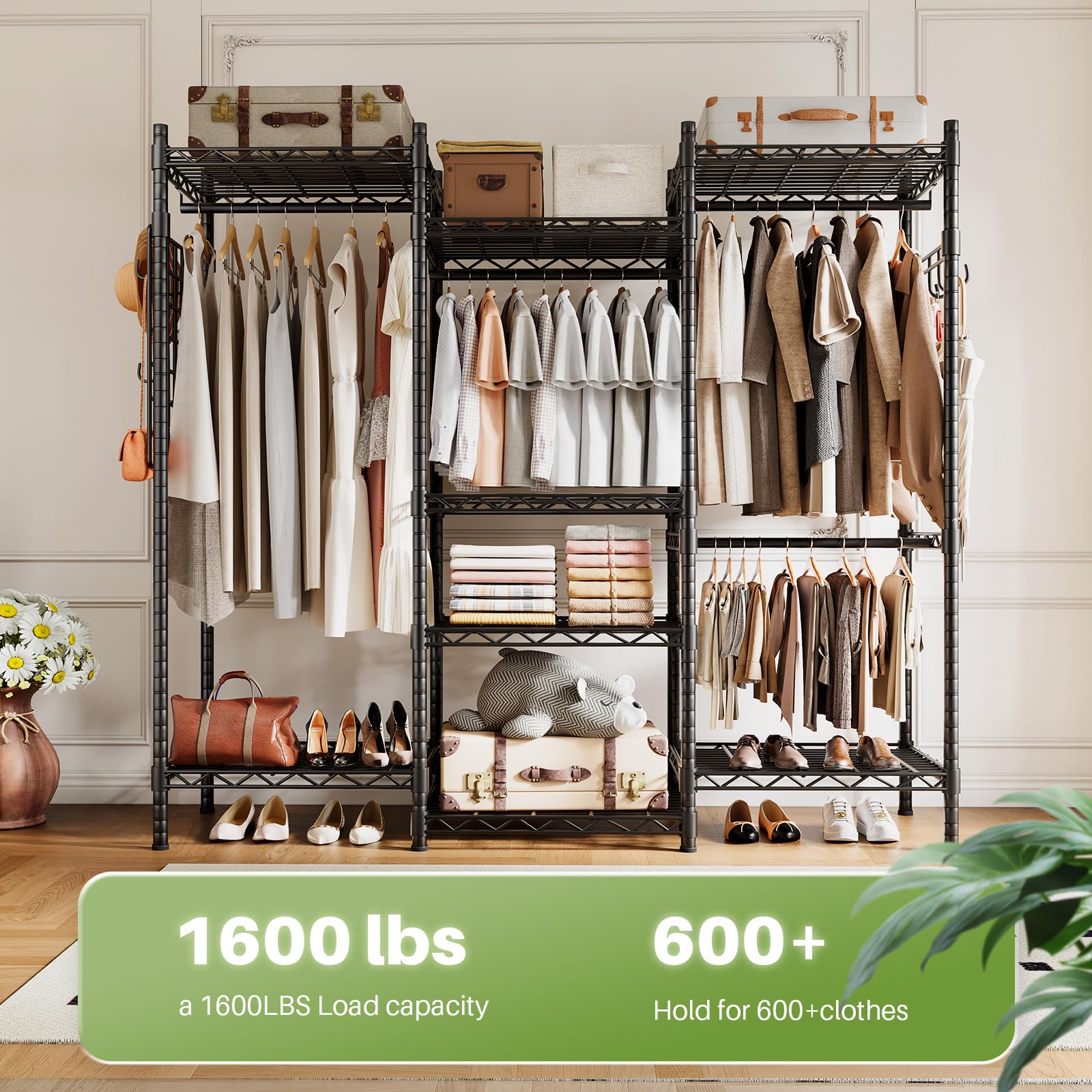 Versatile and multifunctional metal mesh closet rack with adjustable shelves, hooks, and robust support for a variety of storage needs.
