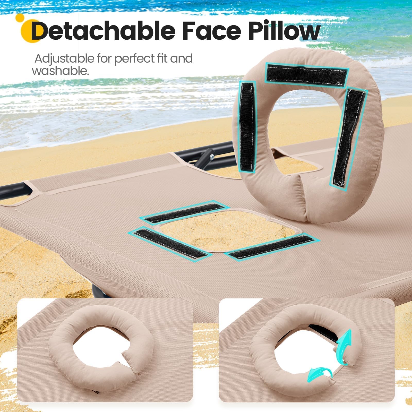 KING BIRD 5-Position Beach Chaise with Face Cradle (350LBS) - Beige