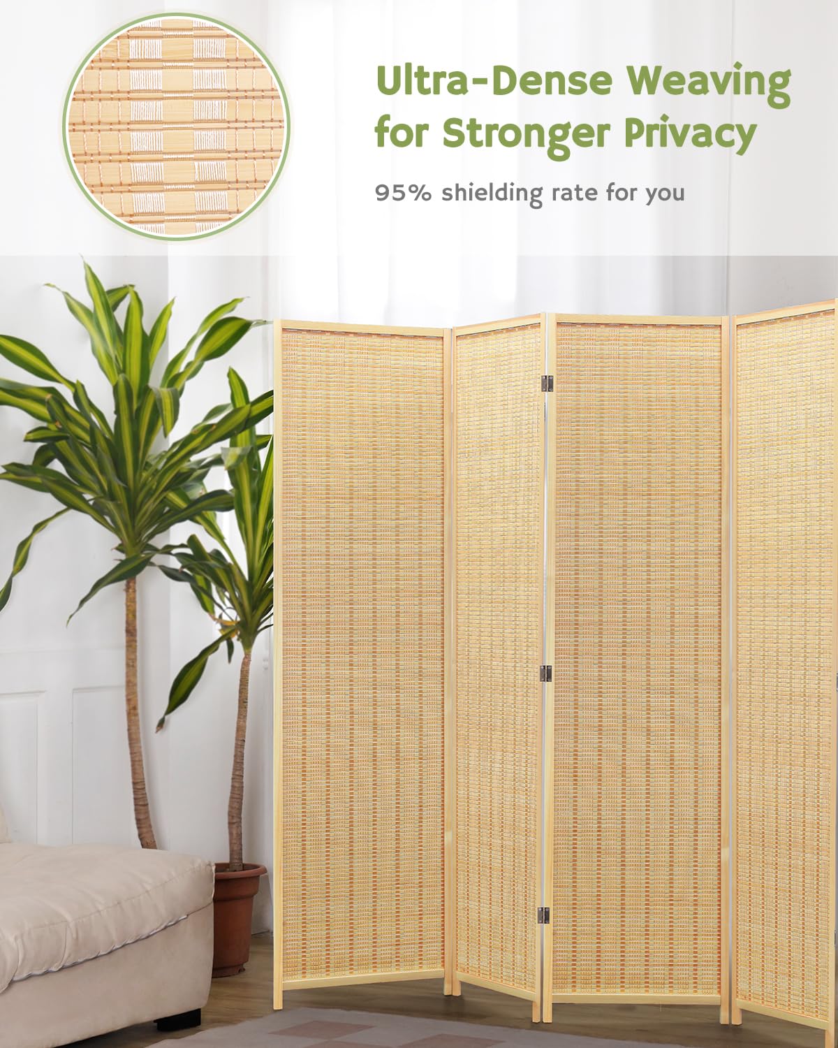 Dimensions of the beige 6-panel room divider, with each panel measuring 19.8 inches wide and 70.9 inches tall, perfect for larger room separations.