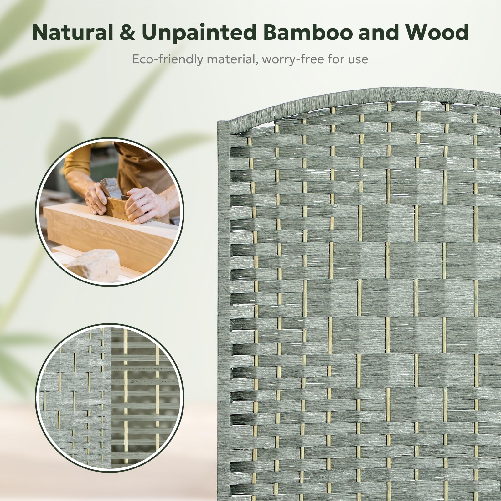 Close-up of the green bamboo and wood woven texture of the room divider, with circular insets highlighting the natural craftsmanship and unpainted finish, eco-friendly for worry-free use.