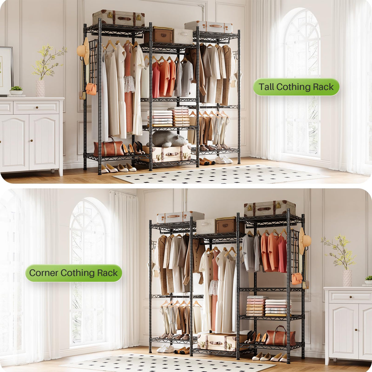 Tall and corner clothing rack setups, providing organized solutions for maximizing space while maintaining a modern aesthetic.