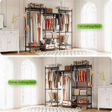 Tall and corner clothing rack setups, providing organized solutions for maximizing space while maintaining a modern aesthetic.