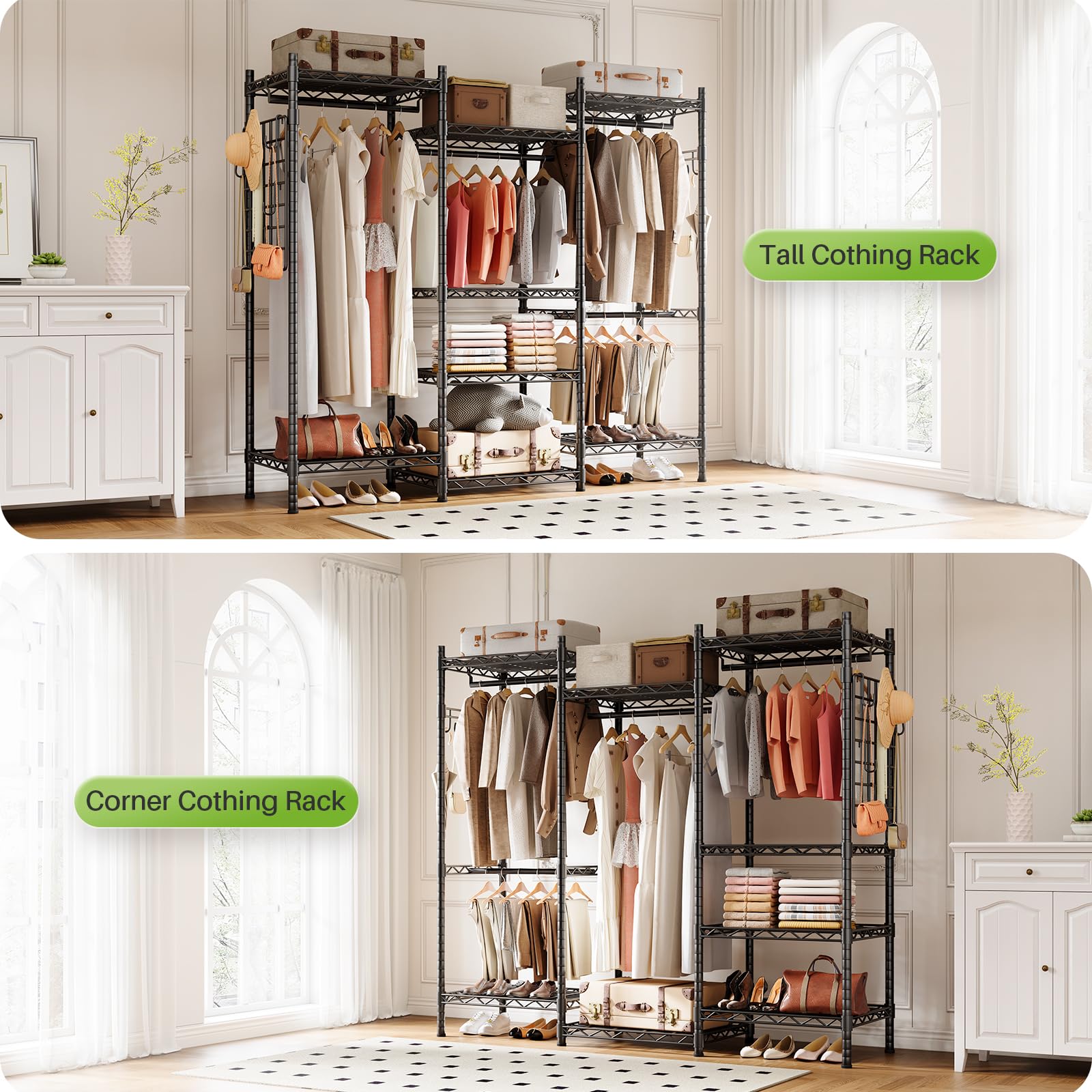 Tall and corner clothing rack setups, providing organized solutions for maximizing space while maintaining a modern aesthetic.